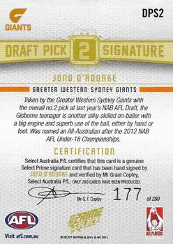2013 Select Prime AFL - Draft Pick Signatures #DPS2 Jono O'Rourke Back